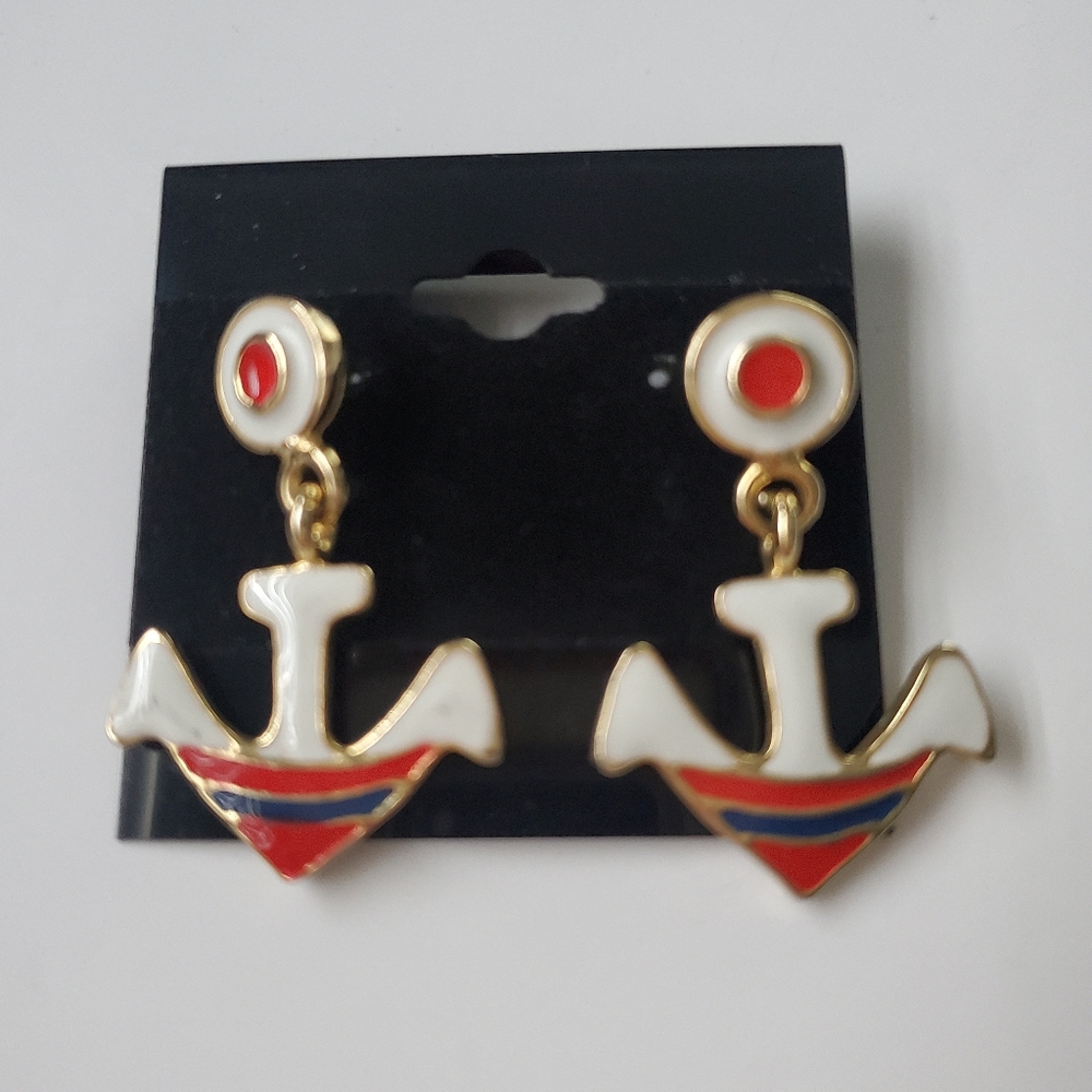 4 For $25 VTG Enamel Boat Anchor Dangling Earrings Red White Blue Gold Tone